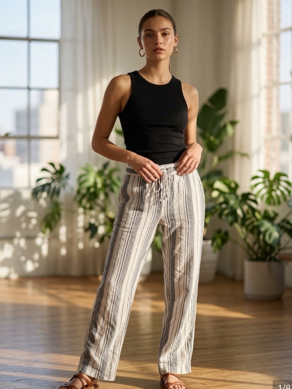 Per Se Striped Linen Blend Wide Leg Drawstring Pants - cream/brown/black SZ L
